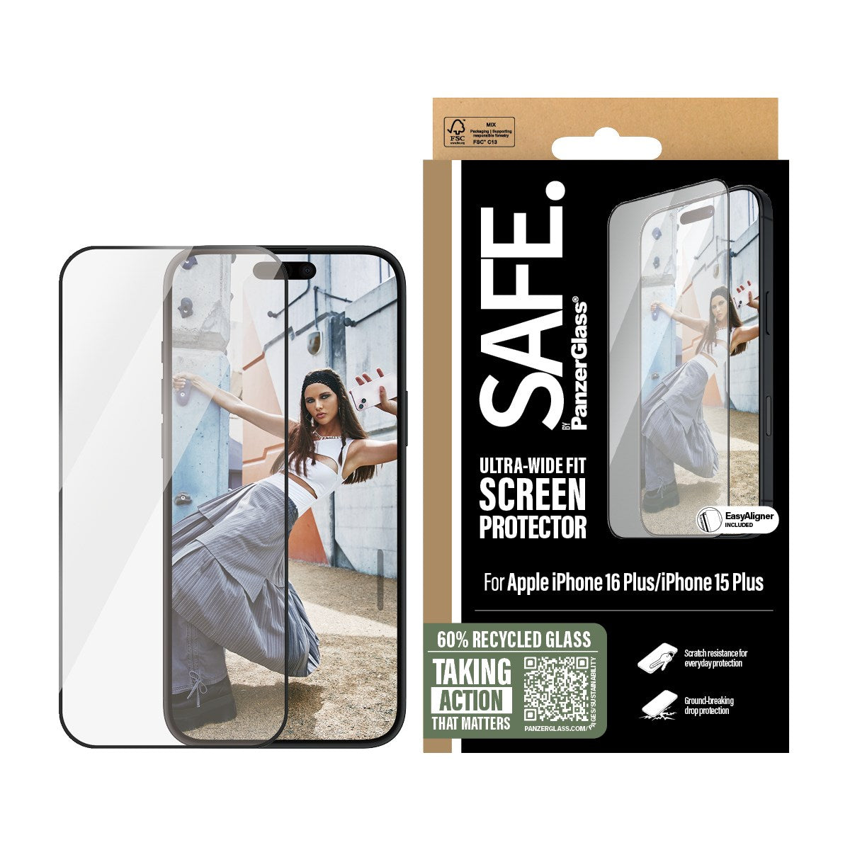 SAFE. by PanzerGlass® Screen Protection w. Black Frame iPhone 16 Plus | 15 Plus | Ultra-Wide Fit